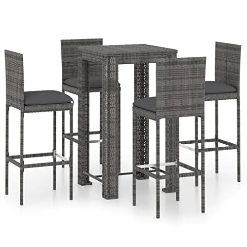 Produktbild: Yunir Terrassen-Bar-Set, 5-teiliges Terrassenmöbel-Set mit Kissen aus Polyrattan, Terrassenmöbel-Set für den Außenbereich, Bar-Esstisch-Set mit 4 Hockern, für Esszimmer, Terrassen,