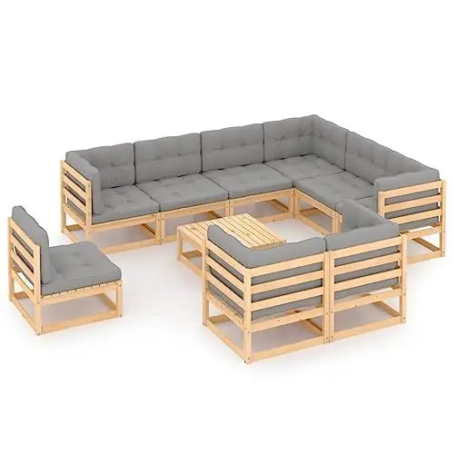 Produktbild: Yunir Terrassenmöbel, 10-teiliges Terrassen-Konversationssofa-Set für den Außenbereich aus Massivem Kiefernholz, Bestehend aus Ecksofa, Mittelsofa und Tisch, Sitzkissen, für Terrasse,