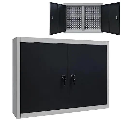 Produktbild: Yunir Wandschrank aus Metall, Wand-Werkzeugschrank aus Metall mit Zwei Abschließbaren Türen, Garagenschrank Im Industriestil mit Verstellbaren Regalen und Lochblech, für Garage, Zuhause