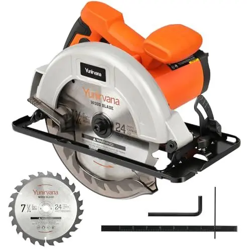 Produktbild: Yunirvana 1400W Kreissägen, Maximale 6000RPM, Einstellbare Schnitttiefe und -winkel: 62 mm (90°) - 48 mm (45°), Staubabsaugsystem und 185 mm Sägeblatt