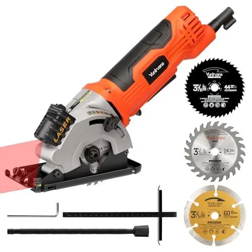 Produktbild: Yunirvana 480W Kreissäge, 3500RPM Maximal-Schnitttiefe von 28,5mm, Drei Stücke von 85mm Sägeblättern, Ausgestattet mit Laserleitbahnen, Geeignet zum Schneiden von Holz, PVC und anderen Materialien