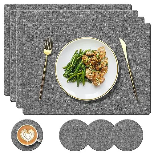 Produktbild: YUNJUER 4 Silikon Tischsets und waschbare 4 Untersetzer Set, Hitzebeständig 230℃, rutschfeste wasserdichte abwischbare Tischsets für Esstisch, Restaurant, Innenküche, Outdoor, Dunkelgrau