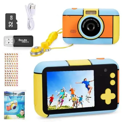Produktbild: YunLone Kinderkamera DigitalKamera 2,4 Zoll Digital Kamera Selfie fotokamera 1080P FHD Video mit 32G Karte, 4X Zoom, Kids camera fotoapparat kinder für Jungen Mädchen 3 4 5 6 7 8 9 10 Jahre