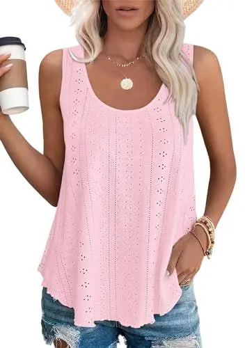 Produktbild: Yunmlep Tank Top Damen Ärmellose Tshirt Oberteile Sommer U-Ausschnitt Elegant Tunika Casual Lose Ärmellose Shirt Tops (A-Rosa, XXL)