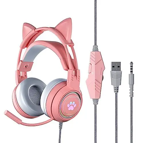 Produktbild: Yunseity Gaming-Headset, USB + 3,5 Mm Abnehmbarer Cat-Ear-Kopfhörer mit Noise-Cancelling-Mikrofon, Gaming-Kopfhörer für One, PC, Mobiltelefon(Rosa)