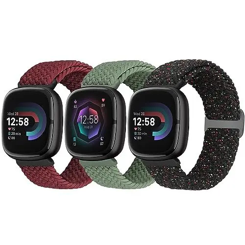 Produktbild: Yunshare 3 Stück Geflochtenes Armband Kompatibel mit Fitbit Versa 4 /Fitbit Sense 2/Fitbit Versa 3/Fitbit Sense, Weiches Elastisch Nylon Sport Solo Loop Ersatzband Damen Herren
