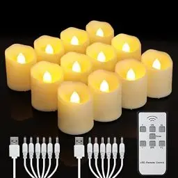 Produktbild: yunsheng 12 Stück Wiederaufladbare LED Teelichter mit Fernbedienung Timer, Aufladbar Flammenlose Flackernde Kerzen, Warmweißes Licht, Halloween Weihnachten Hause Hochzeit Deko (mit 2 USB Ladekabel)