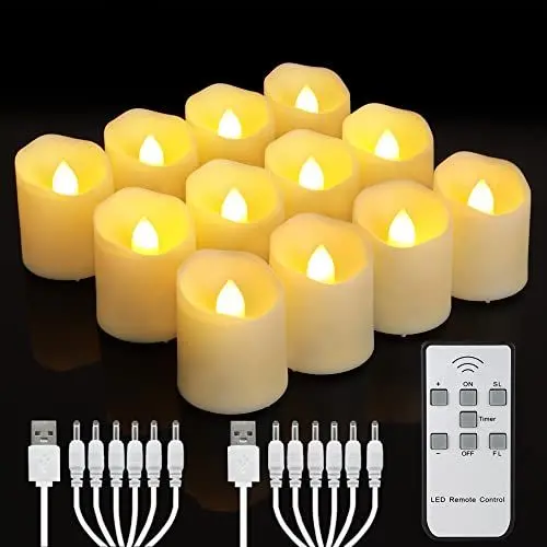 Produktbild: yunsheng 12 Stück Wiederaufladbare LED Teelichter mit Fernbedienung Timer, Aufladbar Flammenlose Flackernde Kerzen, Warmweißes Licht, Halloween Weihnachten Hause Hochzeit Deko (mit 2 USB Ladekabel)