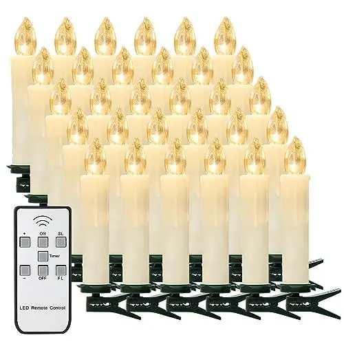 Produktbild: yunsheng 30er Weihnachtsbaumkerzen mit Fernbedienung Timer, Warmweiß Christbaumkerzen Kabellos, Batteriebetriebene Flammenlose Flackern Weihnachtsbaum Lichterkette, Wasserdicht, Weihnachtsdekoration