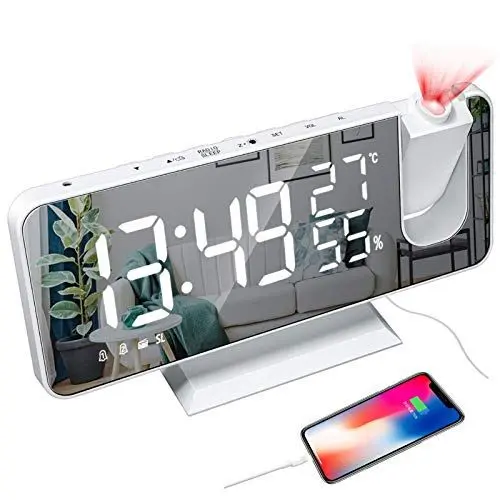 Produktbild: YUNYODA Projektionswecker, digitaler LED-Wecker mit Spiegelfläche, USB-Ladeanschluss, Wiederholung, Dual-Alarm, FM-Radio, 3 Dimmmodus, Luftfeuchtigkeit der Temperatur, Einstellung 12/24 Stunden