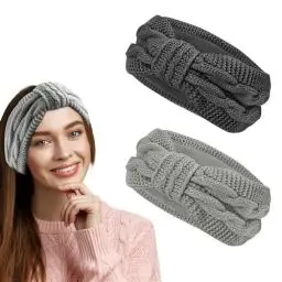 Produktbild: Yuqilin 2 Stück Stirnband Damen Winter, Strick Stirnband Damen, Verdicken Stirnband Damen Fleece, Elastizität Stirnband Damen, für Yoga Workout Vintage Haarschmuck (Dunkelgrau/Hellgrau)