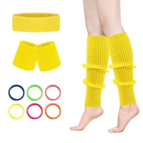Produktbild: Yuqilin Sexy Beinstulpen,Neon Strümpfe Strick Stulpen Kniestrümpfe Damen Neon Strick Stulpen 80er 90er Extra Warm Beinwärmer mit Schweißband Stirnband 6 Haarring,für Karneval Tanzen Aerobic Kostüm