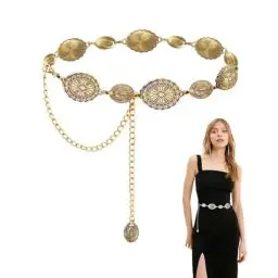 Produktbild: Yuqilin Damen Mode Kettengürtel, Waist Chain Taillenanhänger, Metall Bauchkette Kette, Western Gürtel Cowgirl Geeignet, für Kleider Jeans Pullover, 125 CM/49.2 in (Gold）