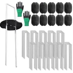 Produktbild: Yuragim Unkrautvlies Haken, Erdanker 100 Stück+100 Stück Unterlegscheiben, Erdanker Bodenanker, U-Förmige Erdnägel für Gärten, Mulch Und Kunstrasen, Camping, Reisen, 150 MM Lang, 36 MM Breit, Ø 2 MM