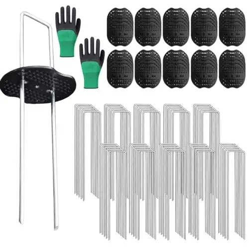 Produktbild: Yuragim Unkrautvlies Haken, Erdanker 100 Stück+100 Stück Unterlegscheiben, Erdanker Bodenanker, U-Förmige Erdnägel für Gärten, Mulch Und Kunstrasen, Camping, Reisen, 150 MM Lang, 36 MM Breit, Ø 2 MM