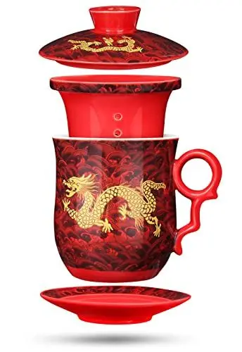 Produktbild: YURROAD 4 in 1 Chinesische Teetasse mit Sieb Deckel Infusor und Untertasse 400ml Tee Becher Porzellan Teetasse Chinesische Drache Muster Teetasse mit Deckel Chinesische Teetassen für Geschenk - Rot