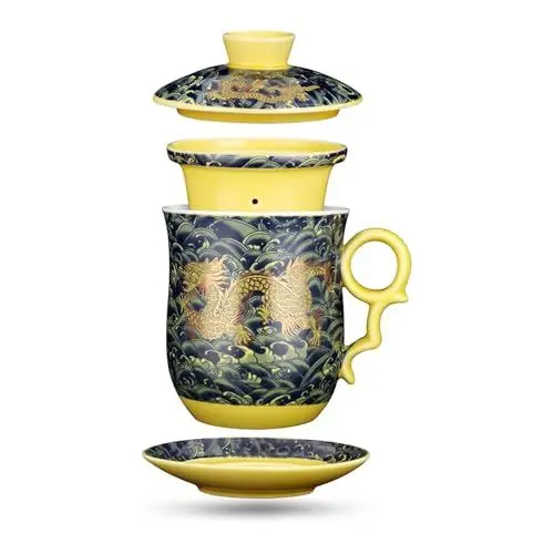 Produktbild: YURROAD Chinesische Tassen mit Deckel - 400ml Teetasse mit Sieb - 4 in 1 Chinesische Teebecher mit Infusor Untertasse Sieb und Deckel - Keramik Teetasse Chinesische Drache Muster - Tasse Dunkelgrün