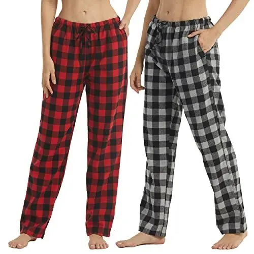 Produktbild: YUSHOW 2er Pack Schlafanzughose Damen Lang Flanell Baumwolle Karierte Pyjamahose Winter Weich Nachtwäsche Hose Freizeithose mit Taschen und Kordelzug, Grau Schwarz Kariert+Rot Schwarz Kariert Größe S