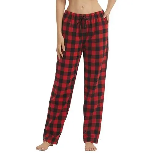 Produktbild: YUSHOW Schlafanzughose Damen Lang Flanell Baumwolle Karierte Pyjamahose Winter Weich Nachtwäsche Hose Freizeithose mit Taschen und Kordelzug, Rot Schwarz Kariert Größe M