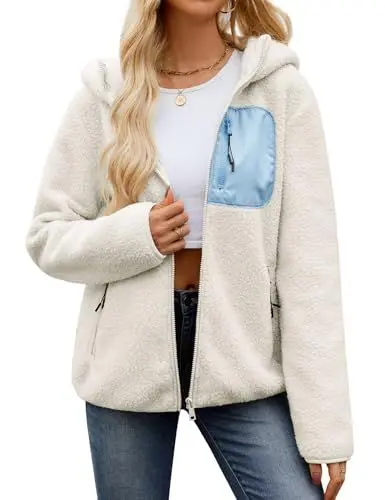 Produktbild: Yuson Girl Fleecejacke Damen Hoodie Jacke Herbst Winter Sweatjacke mit Kapuze, Oversized Teddyjacke Flauschige Warme Kapuzenjacke Zipper Strickjacken Kapuzenpullover Sweatshirt(Beige, XL)