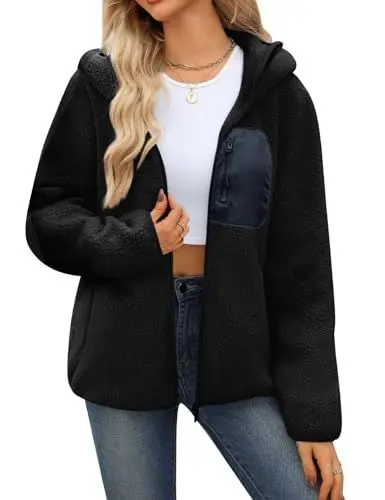 Produktbild: Yuson Girl Fleecejacke Damen Hoodie Jacke Herbst Winter Sweatjacke mit Kapuze, Oversized Teddyjacke Flauschige Warme Kapuzenjacke Zipper Strickjacken Kapuzenpullover Sweatshirt(Schwarz, L)