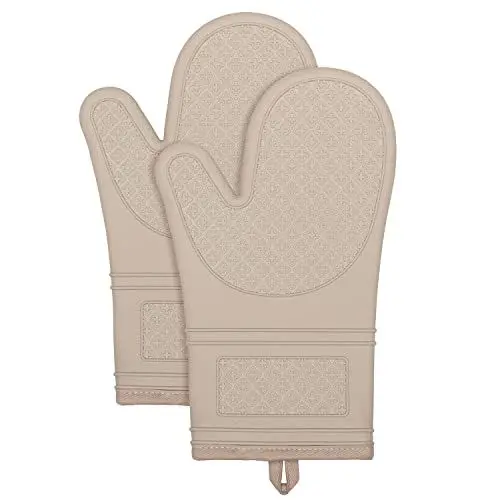 Produktbild: Yutat® Ofenhandschuhe 2er Set - Topfhandschuhe Hitzebeständig bis 300°C, Anti-Rutsch, LFGB-Zertifizierte Ofenhandschuhe Silikon, Perfekt für die Küche, zum Grillen, Kochen und Backen, Helles Khaki