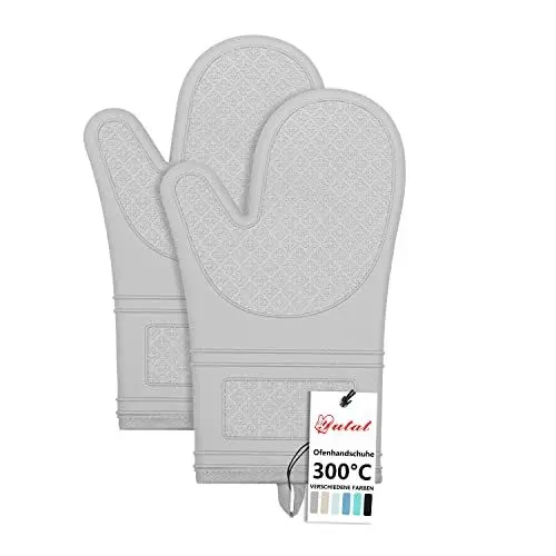 Produktbild: Yutat® Ofenhandschuhe 2er Set - Topfhandschuhe Hitzebeständig bis 300°C, Anti-Rutsch, LFGB-Zertifizierte Ofenhandschuhe Silikon, Perfekt für die Küche, zum Grillen, Kochen und Backen, Grau