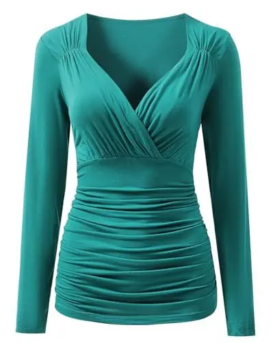 Produktbild: YUTILA Damen Langarm Bluse Elegant Plissee Slim Fit V-Ausschnitt Wickelbluse Oberteil