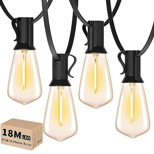 Produktbild: Yuucio LED Lichterkette Außen 18M, ST38 Outdoor Glühbirnen Aussen Mit 30+1 Plastik Birnen, Wasserdicht IP44 Hängende Lights Strom für Garten, Terrasse, Party, Café, 2700K Warmweiß