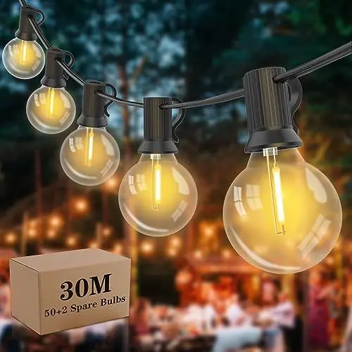 Produktbild: Yuusei Lichterkette Außen, 30M LED Lichterkette Glühbirnen Auße 50 Birnen mit 2 Ersatzbirnen Warmweiß, IP45 Wasserdichte G40 Lichterkette Innen Aussenbeleuchtung für Garten, Balkon, Hochzeit, Terrasse