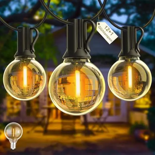 Produktbild: Yuusei Lichterkette Außen, 7.6M LED Lichterkette Glühbirnen Auße 12 Birnen mit 1 Ersatzbirnen Warmweiß, IP45 Wasserdichte G40 Lichterkette Innen Aussenbeleuchtung für Garten, Balkon, Hochzeit