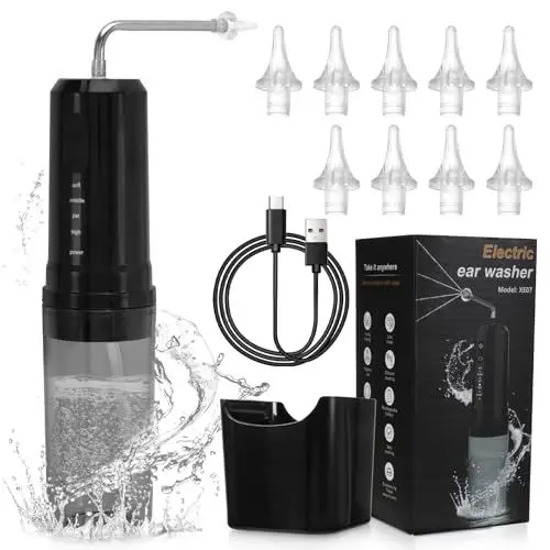 Produktbild: YUWJOOWEE Ohrenschmalz Entferner, Ohrendusche Erwachsene, Ohrenreiniger Kinder, Ohrreinigungsgerät mit 10 Düsen, 4 Druckmodi, IPX7 Wasserdicht Ohrenspülung, USB Wiederaufladbarer, Schwarz