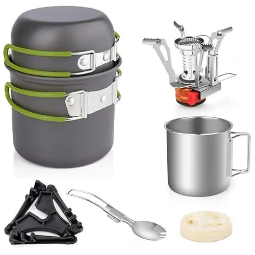 Produktbild: YUYTE Camping-Kochgeschirr-Set für Outdoor-Kochen, Camping, Wandern, Picknick, Zusammenklappbarer Campingkocher, Leichtes Topf-Pfannen-Set mit Edelstahlbecher und Gabellöffel (Green)