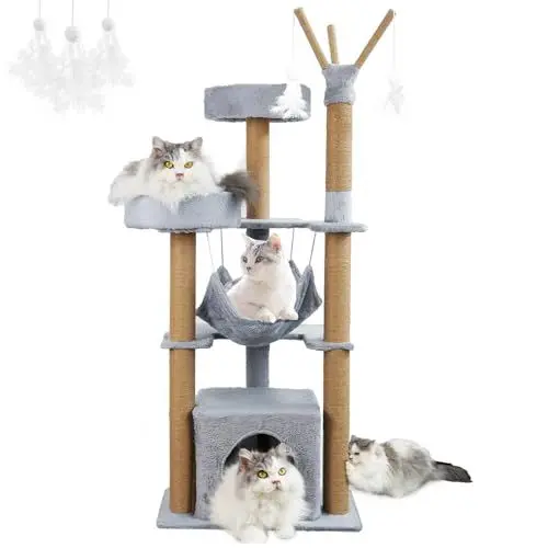 Produktbild: yuyuepetzone Kratzbaum, 126 cm hoch Katzenbaum Stabil Katzenkratzbaum Katzenturm Aktivitätskratzbäume mit Katzenhaus, 2 Plattformen Plüschbälle Sisalseil, Hängematte für Klein Katzen, Grau