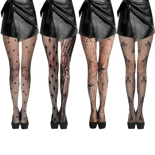 Produktbild: YUZHEDM Netzstrümpfe 4 Paar Strumpfhosen Damen Muster,Netzstrumpfhose Schwarz Fishnet Stockings Strümpfe Hohe Taille Fischernetz Schädel Spinnennetz Strumpfhosen Netzstrumpfhose für Frauen