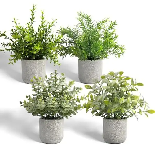 Produktbild: YVONNEYI 4 Stück Kunstpflanze, Kunstpflanze Eukalyptus im Beton-Töpfen, Künstliche Pflanzen für Wohnzimmer Badezimmer Schlafzimmer Küche Tisch Büro Zimmer Deko