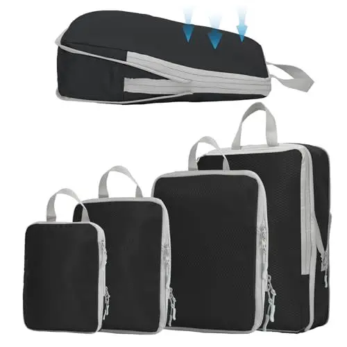 Produktbild: 4-teiliges Kompressions Packwürfel Set | Wasserdichtes Reise Organizer für Kleidung, Kosmetik, Camping | Leichtes Aufbewahrungsset mit Tragegriff Compression Packing Cubes (Schwarz)