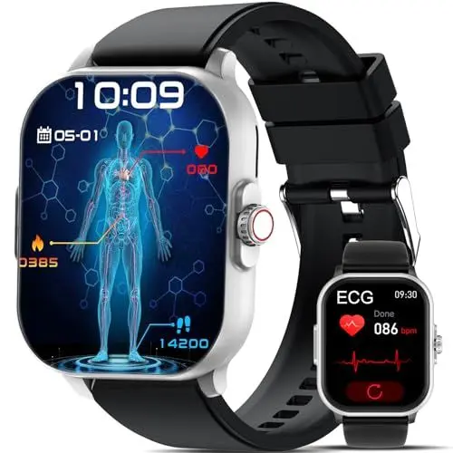 Produktbild: YYKY Gesundheitsuhr Smartwatch Damen Herren,2.01”𝐄𝐊𝐆+𝐇𝐑𝐕/ΒΙυtｚυcker 𝐁𝐥𝐮𝐭𝐝𝐫𝐮𝐜𝐤 Annehmen/Anruf tätigen ΑpΝOE-ErKEΝΝuΝG 𝐒𝐩𝐎𝟐 Wetter Herzfrequenz Schlaf Fitnessuhr Sportuhr Android iOS