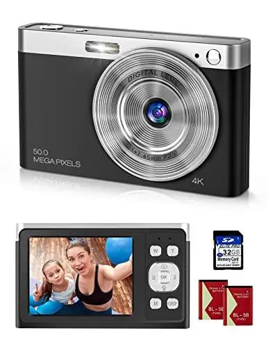 Produktbild: Y-YOPZI 4K Ultra HD Mini-Videokamera 50 MP 2, 88-Zoll-LCD-wiederaufladbare Studenten-Kompaktkamera mit 16-fachem Digitalzoom YouTube-Vlogging-Kamera für Kinder, Erwachsene, Anfänger(Schwarz)