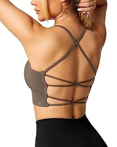 Produktbild: ZAAYO Damen Gym BH Gepolstert Crossback Fitness Sport Bra Abnehmbarer Brustpolster Yoga Tops Gestrickte Nahtlose Sportbekleidung Chestnut Brown Small
