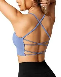 Produktbild: ZAAYO Damen Gym BH Gepolstert Crossback Fitness Sport Bra Abnehmbarer Brustpolster Yoga Tops Gestrickte Nahtlose Sportbekleidung Hellblau Medium