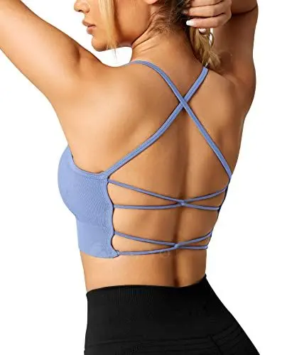 Produktbild: ZAAYO Damen Gym BH Gepolstert Crossback Fitness Sport Bra Abnehmbarer Brustpolster Yoga Tops Gestrickte Nahtlose Sportbekleidung Hellblau Medium
