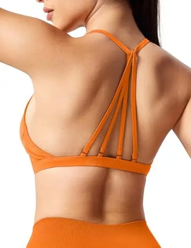 Produktbild: ZAAYO Sport BH Damen Ohne Bügel Starker Halt Rückenfrei Push Up BH Padded Bandeau Criss-Cross Straps Adjustable Bra Fuer Yoga Fitness Training Sport Top Orange M