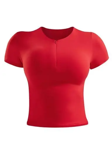 Produktbild: ZAAYO Sport T Shirt Damen Basic Sportshirt Double Lined Y2K Summer Crop Top Gym Top Leichtes Atmungsaktives Sport Tops mit Rundhalsausschnitt Gym Oberteil Yoga Tops Rot S