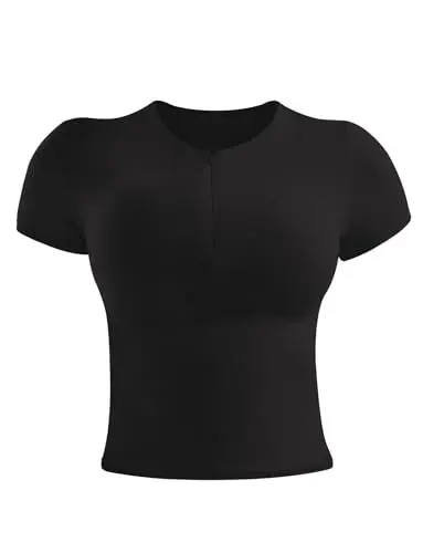 Produktbild: ZAAYO Sportshirt Damen Gym Top Sport Oberteil Yoga Crop Top Funktionsshirt Damen Laufshirt Kurzarm Oberteil Mit Halbem ReißVerschluss Schwarz S