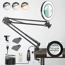 Produktbild: ZABOUL Lupe mit Licht, 10 Fach 15 Fach Lupenleuchte mit Klemme, Verstellbare Arm Lupenlampe Kosmetik mit 3 Modi Farben und Stufenlos Dimmbaren, Magnifying Glass with Light