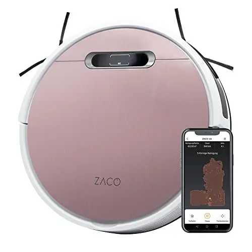 Produktbild: ZACO V6 Saugroboter mit Wischfunktion, gleichzeitig saugen und wischen, bis zu 2.000 Pa Saugstärke, Staubbeutel (für Allergiker) & Staubtank, App, Alexa, GoogleHome, für Tierhaare, Passion Rose