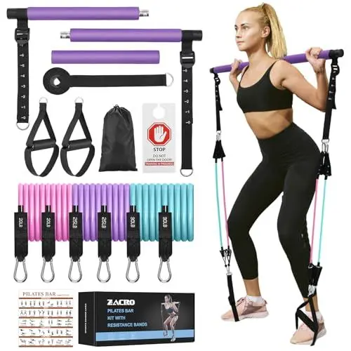 Produktbild: Zacro Pilates-Stange mit Widerstandsbänder Set, 20/25/30Lbs Fitnessbänder Widerstandsband, Pilates-Stange mit verstellbarem Riemen, Türanker,Fußschlaufe,Pilates-Resistance Bands für Ganzkörpertraining