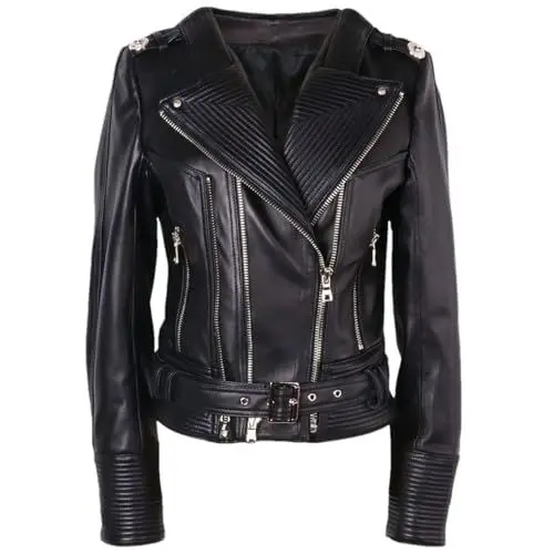 Produktbild: Zadaos Plus Size Echtlederjacke Damen Herbst Reißverschlüsse Schlanke Lederjacke Mit Gürtel Damen As Shown S