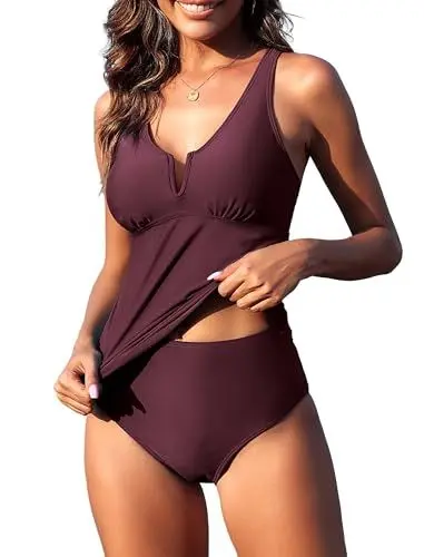 Produktbild: ZAFUL Badeanzüge für Damen, Tankini, Bauchkontrolle, Badeanzug, Zweiteiliger Badeanzug, Badeanzüge mit geteiltem Ausschnitt (0-Dunkles Königsviolett,M)